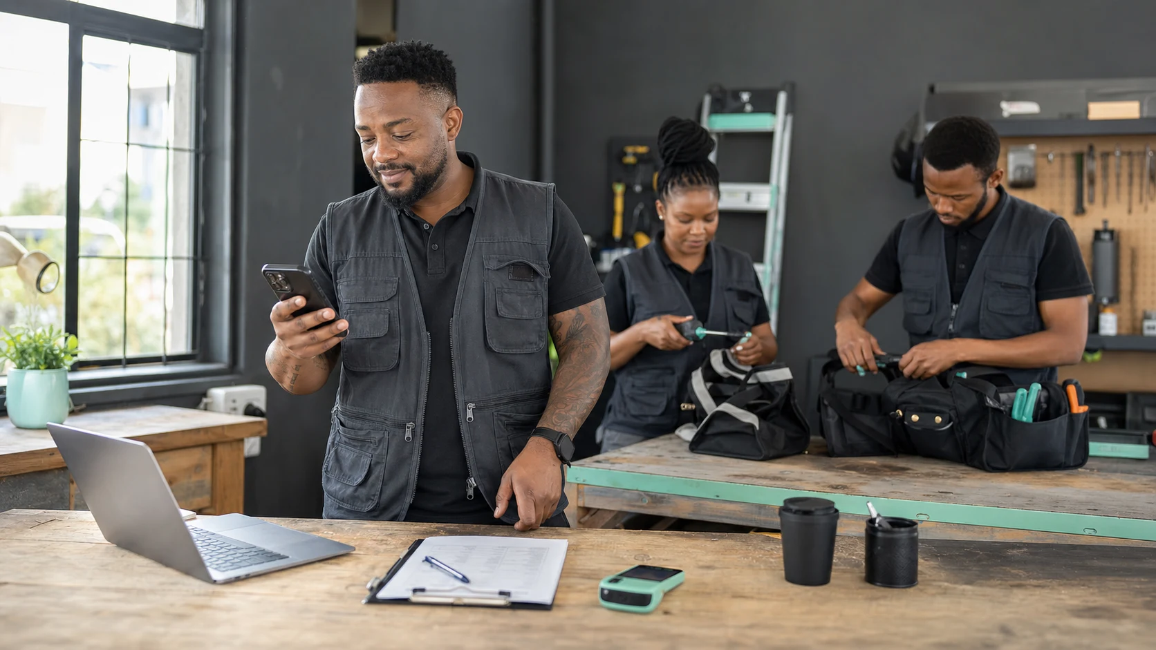 A South African small service-business owner checking an enquiry while the team prepares for work